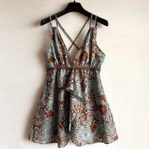 DKNY JEANS Teal/Brown Floral Printed Cotton Babydoll Swing Top, size SMALL